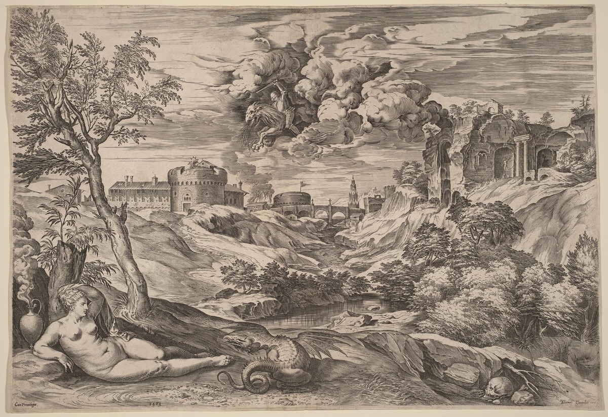 Landscape with Roger Liberating Angelica by Cornelis Cort after Titian