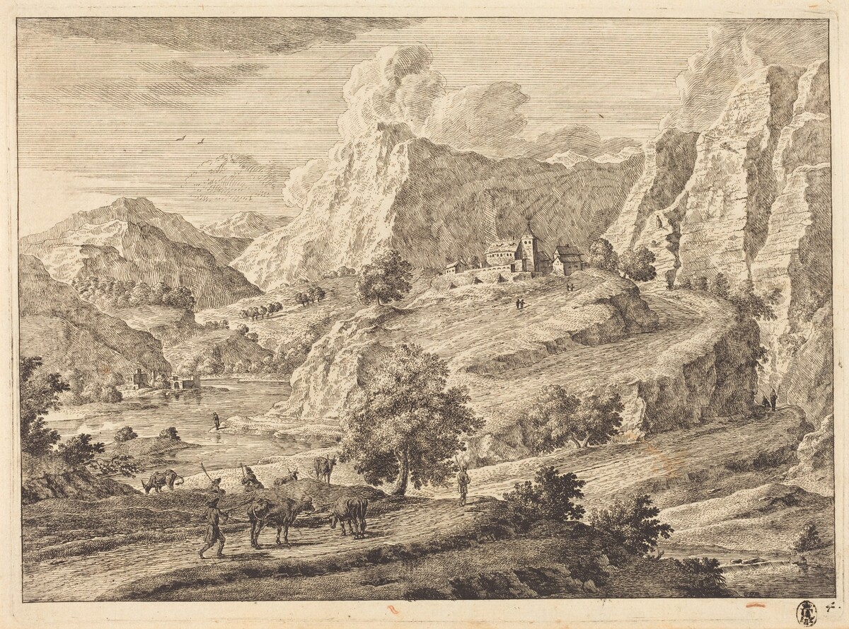 Mountainous Landscape with Figures and a Monastary by Georg Eisenmann