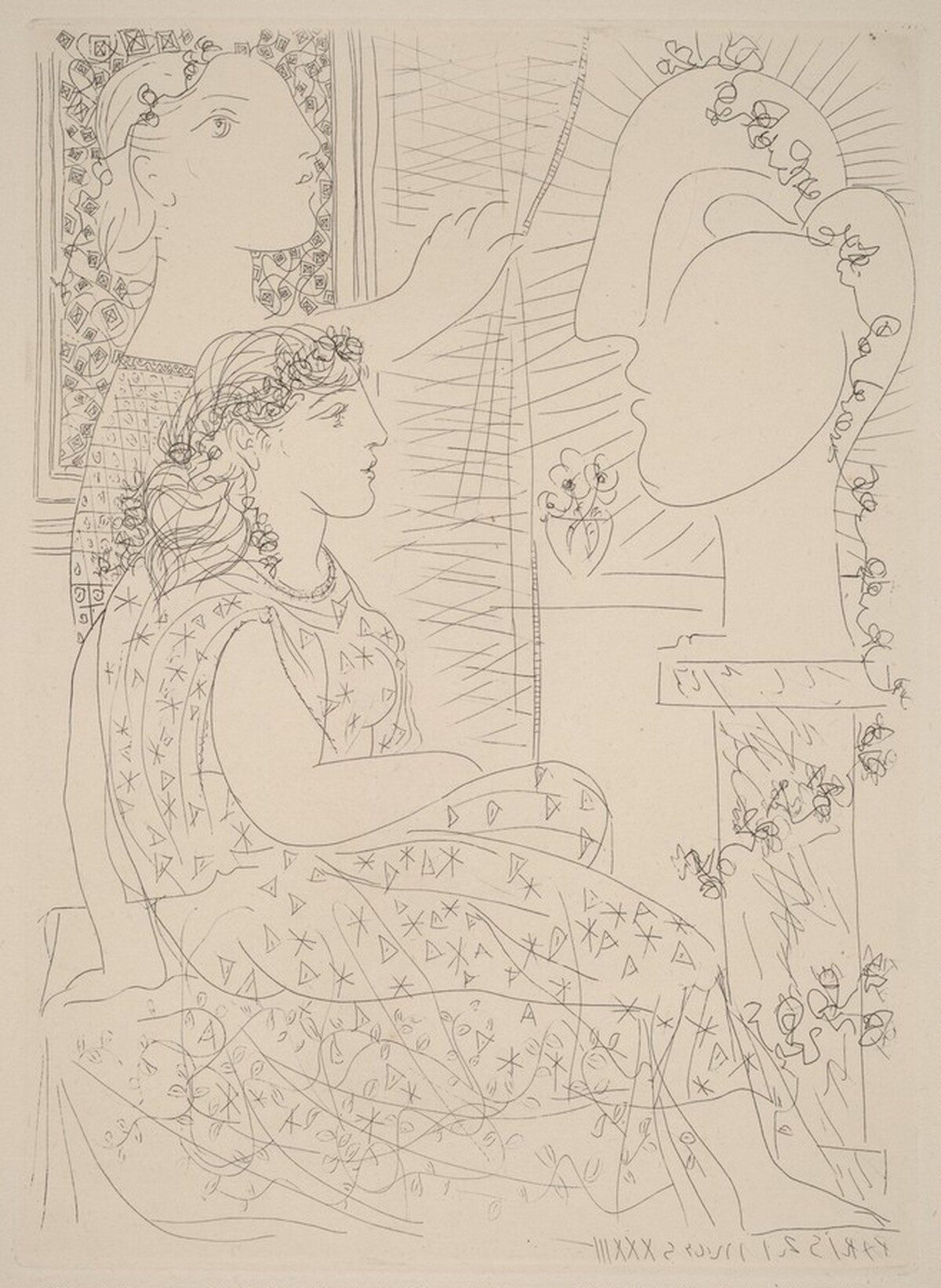 Two Women Looking at a Sculpted Head (Deux femmes regardant une tête sculptée) by Pablo Picasso