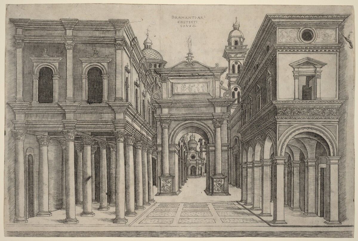 A Street with Various Buildings, Colonnades and an Arch by Attributed to Zoan Andrea after Donato Bramante