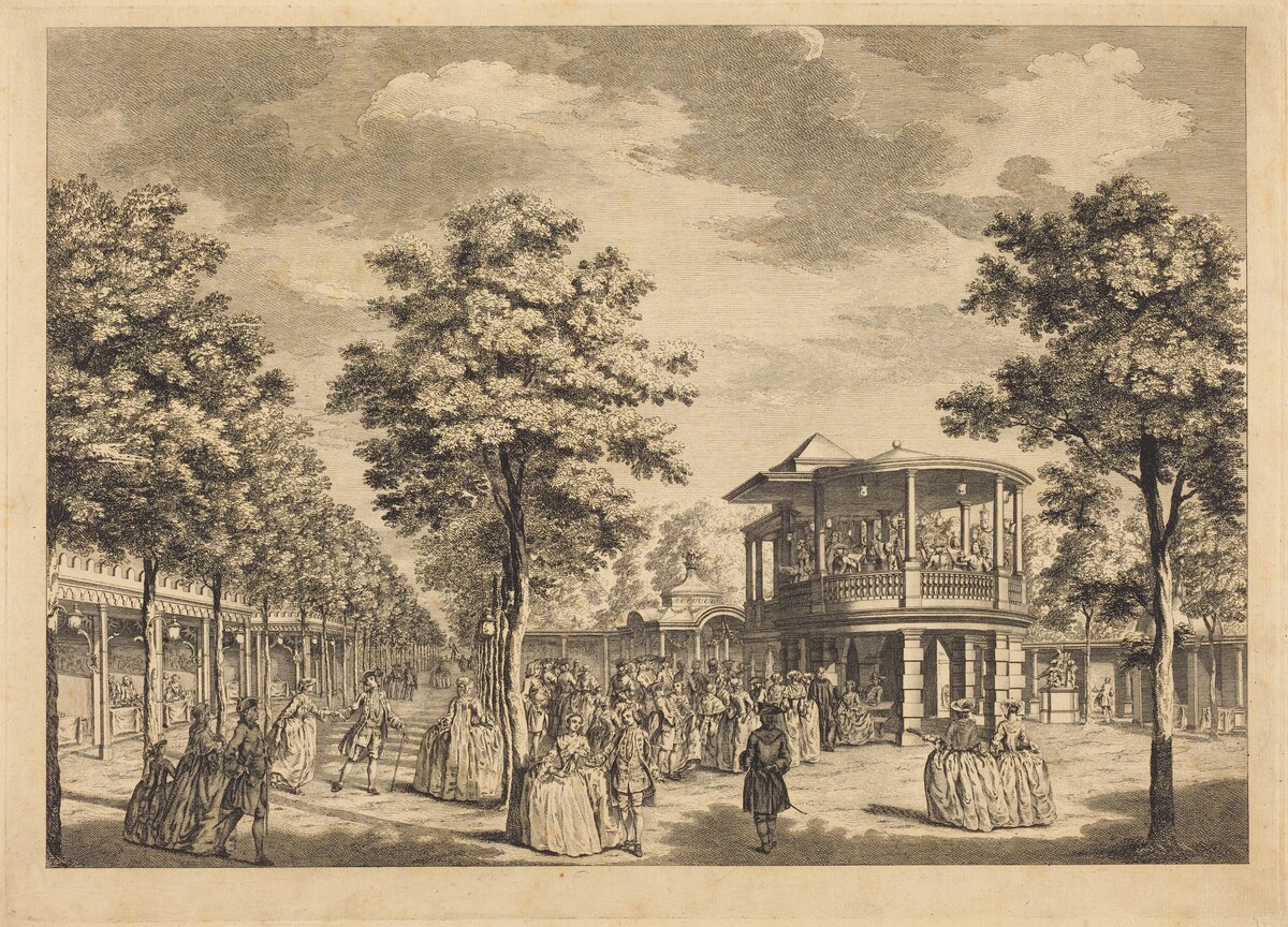 Vauxhall Gardens shewing the Grand Walk at the Entrance of the Garden and the Orchestra with Musick Playing by Johann Sebastian Müller after Samuel Wale
