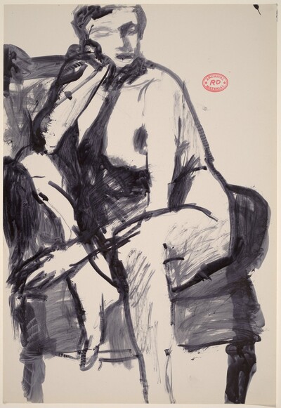 Untitled [seated nude turned and resting against the arm of her chair]