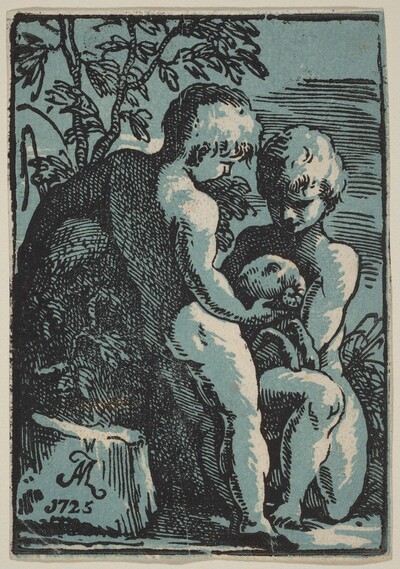Two Children Petting a Lamb