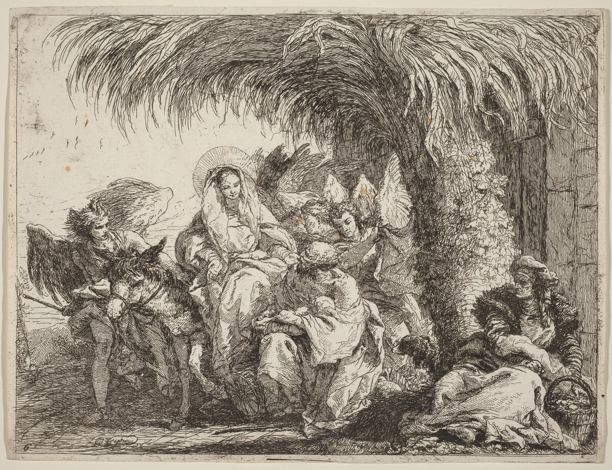 Joseph Kneels with the Child before Mary on the Donkey by Giovanni Domenico Tiepolo