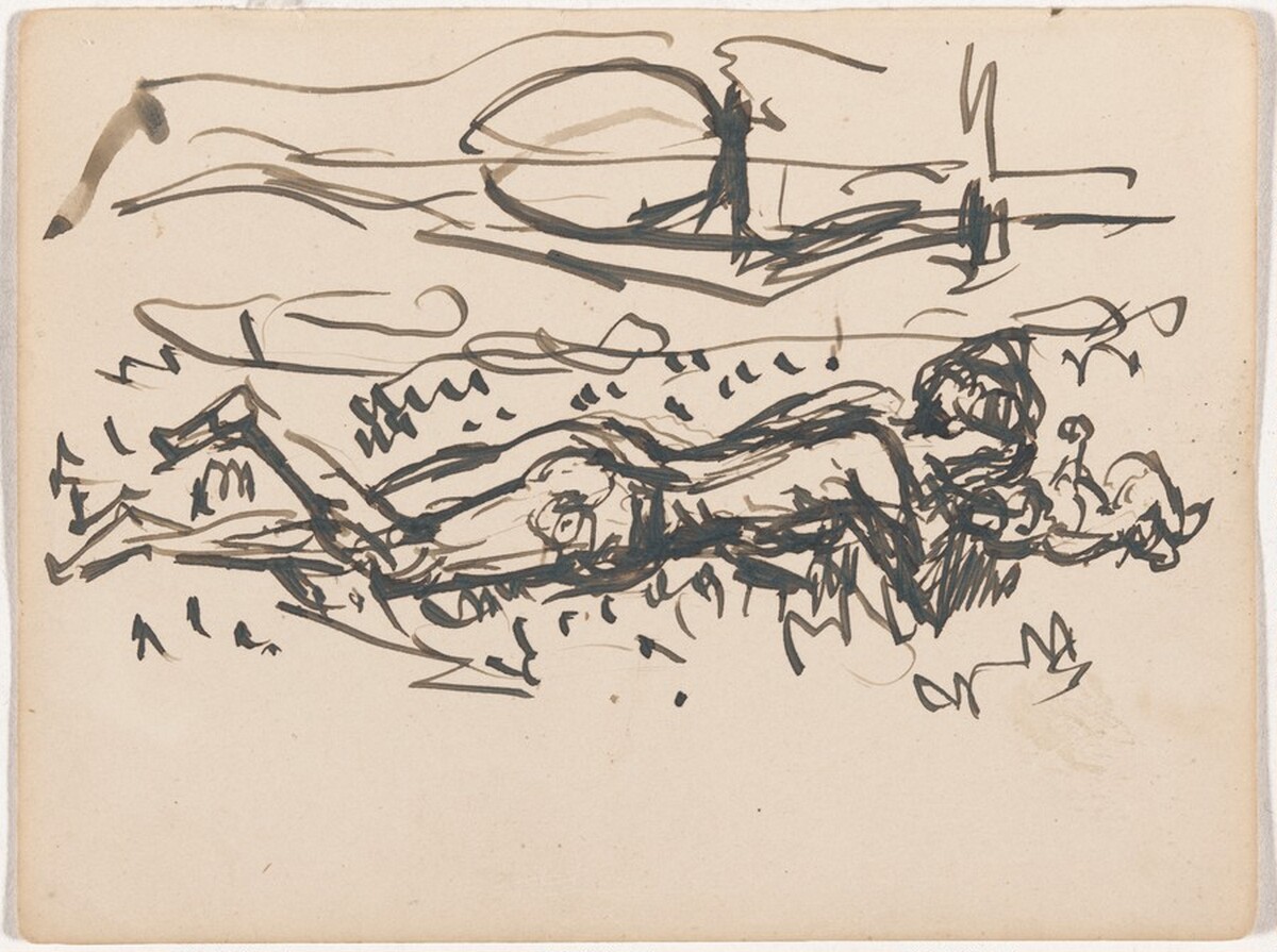 Female Nude Lying on Ground with Baby by Edvard Munch