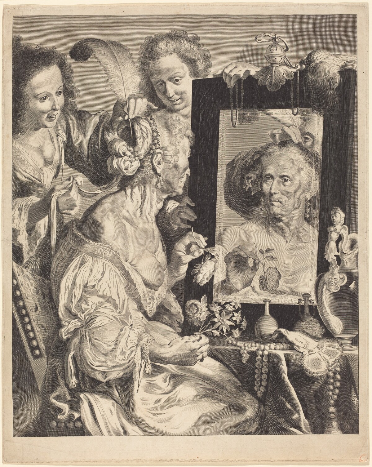 An Old Woman at the Toilet Table by Jeremias Falck after Bernardo Strozzi (formerly after Johann Liss)