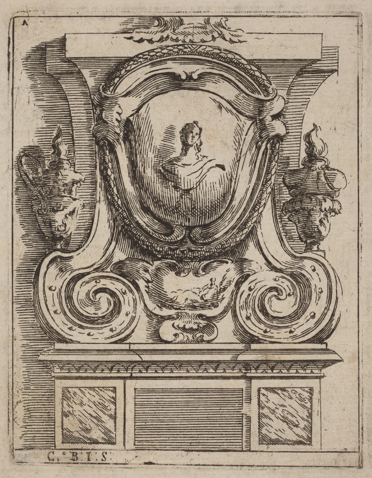 Architectural Motif with Bust and Two Lamps by Carlo Antonio Buffagnotti