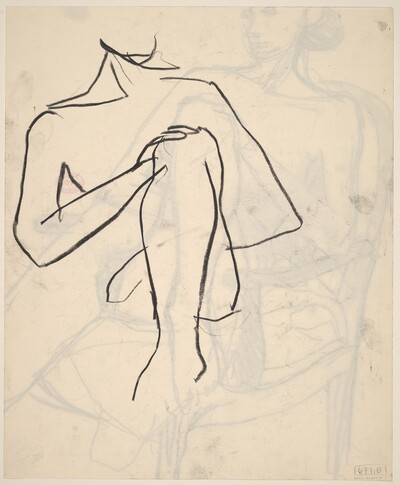 Untitled [detail of a model resting her hand on her knee] [verso]