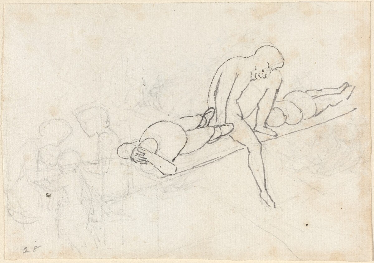 Seated Man Flanked by Two Reclining Figures; Huddle of Figures in Lower Left Corner by John Flaxman