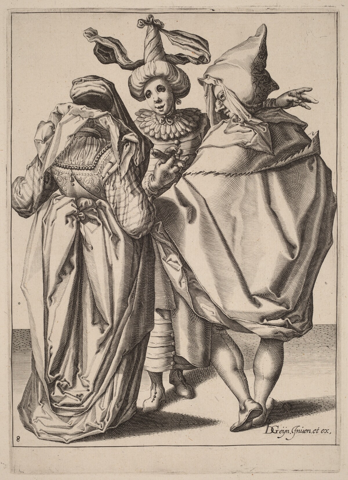 A Couple Addressing a Gesticulating Young Man by Attributed to Zacharias Dolendo after Jacques de Gheyn II