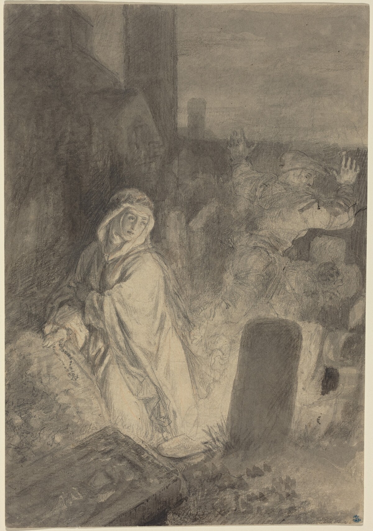 A Man Fleeing from a Nun Praying in a Cemetery by Joseph Fay