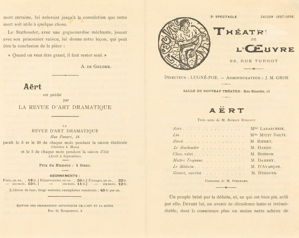 Théâtre de l'Œuvre, for the Playbill of "Aert" by Pierre Bonnard
