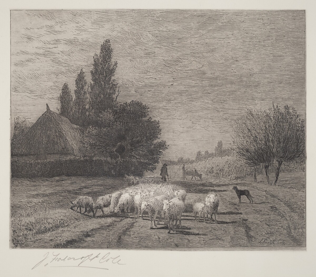 Village Street in France With a Flock of Sheep by Joseph Foxcroft Cole