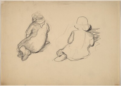 Rear View of Two Seated Figures, One Wearing a Hat