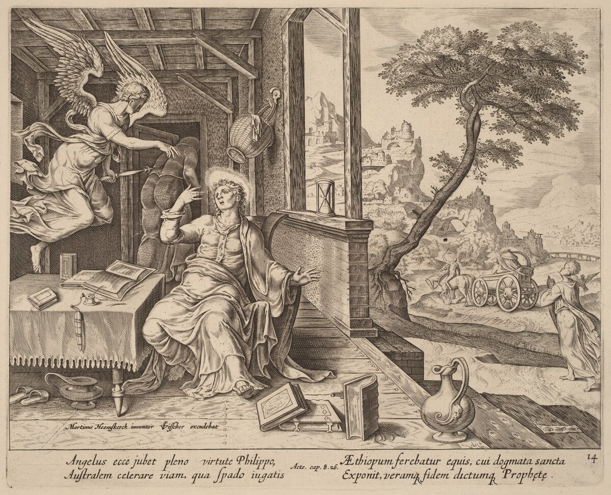 The Angel Orders Saint Philip to Accompany the Ethiopian Eunuch by Philip Galle after Maerten van Heemskerck