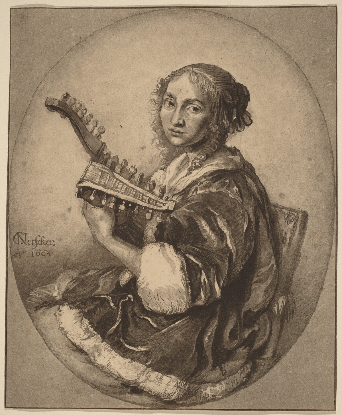 Lady with Double-Headed Lute by Cornelis Ploos van Amstel (editor) and Cornelis Brouwer (printmaker), after Caspar Netscher