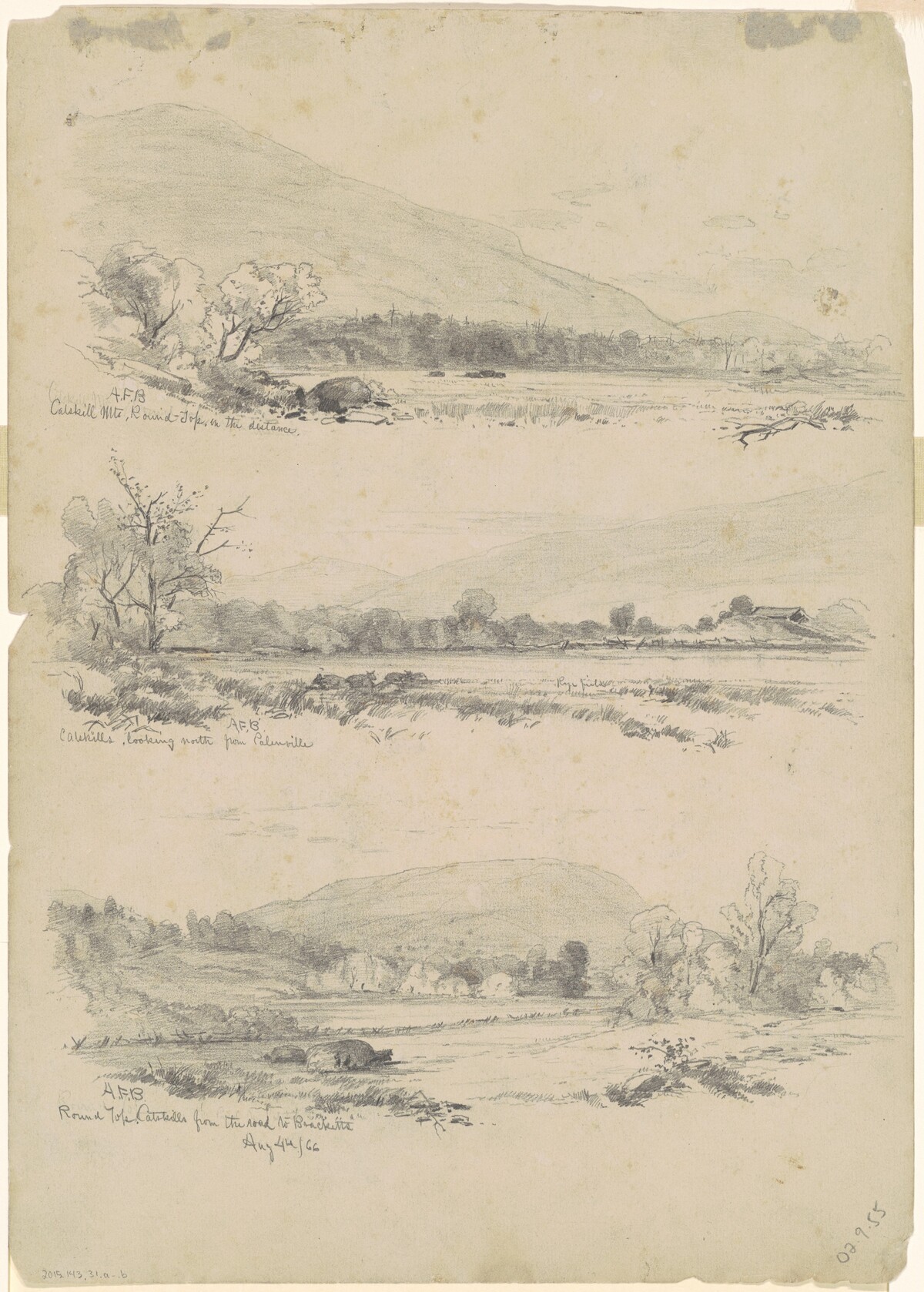 Catskill Mountains, Round-Top in the Distance; Catskills Looking North from Palenville; and Round Top, Catskills, from the Road to Bracketts [verso] by Andrew Fisher Bunner