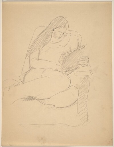 Woman Curled Up in Chair, Reading