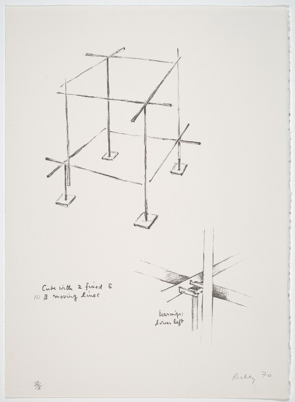 Cube with Two Fixed and Ten Moving Lines by George Rickey