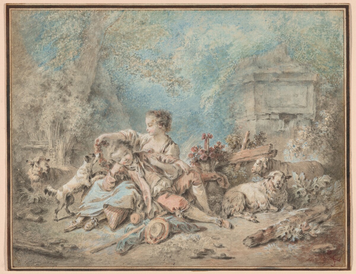 A Shepherd and a Shepherdess Resting by Jean-Baptiste Hüet