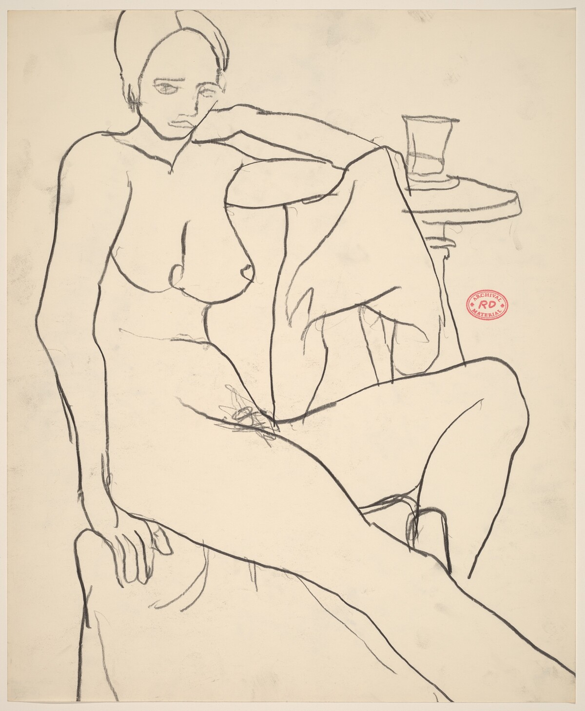 Untitled [female nude seated beside a table with a glass] by Richard Diebenkorn