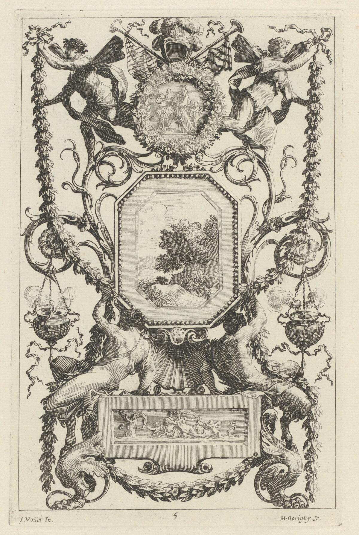 Ornamental Panel Surmounted by a Medallion with a Sacrifice by Michel Dorigny, after Simon Vouet