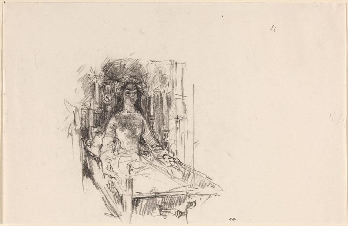 Woman Sitting in a Coffin with Flowers in Her Hair by Walter Roshardt