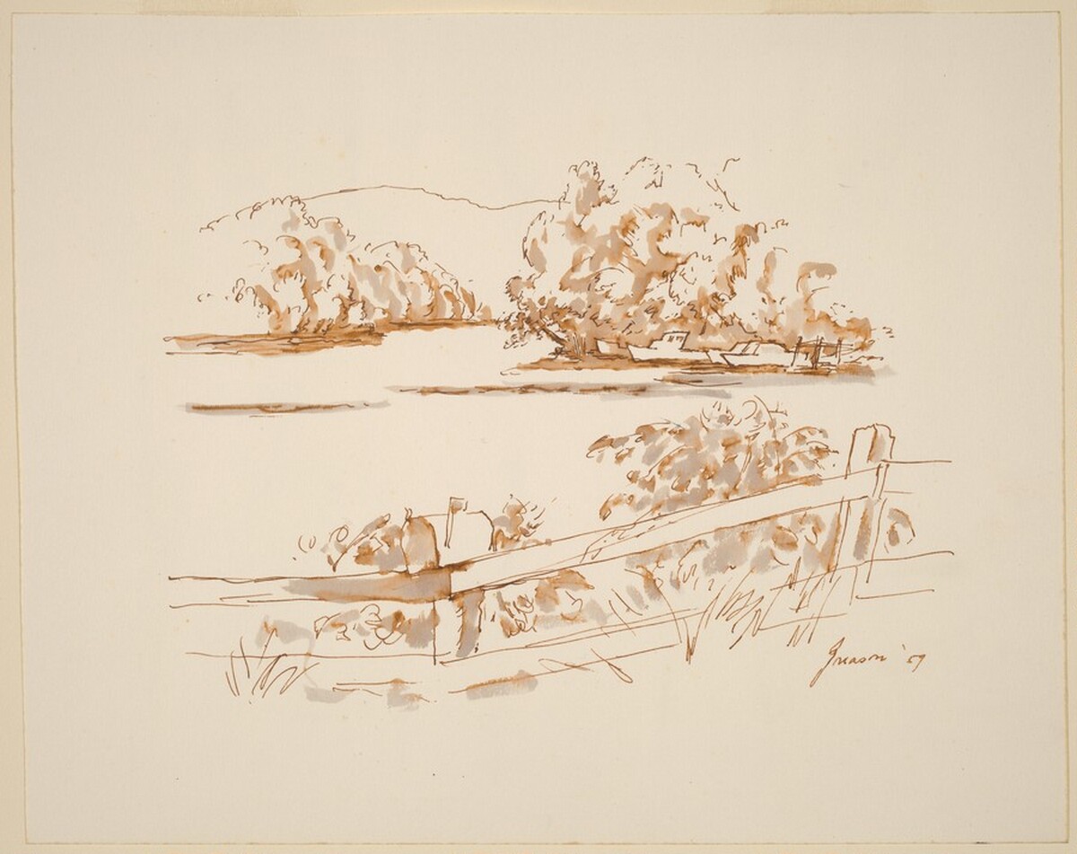 Lake and Fence with Mailbox by Donald Carlisle Greason