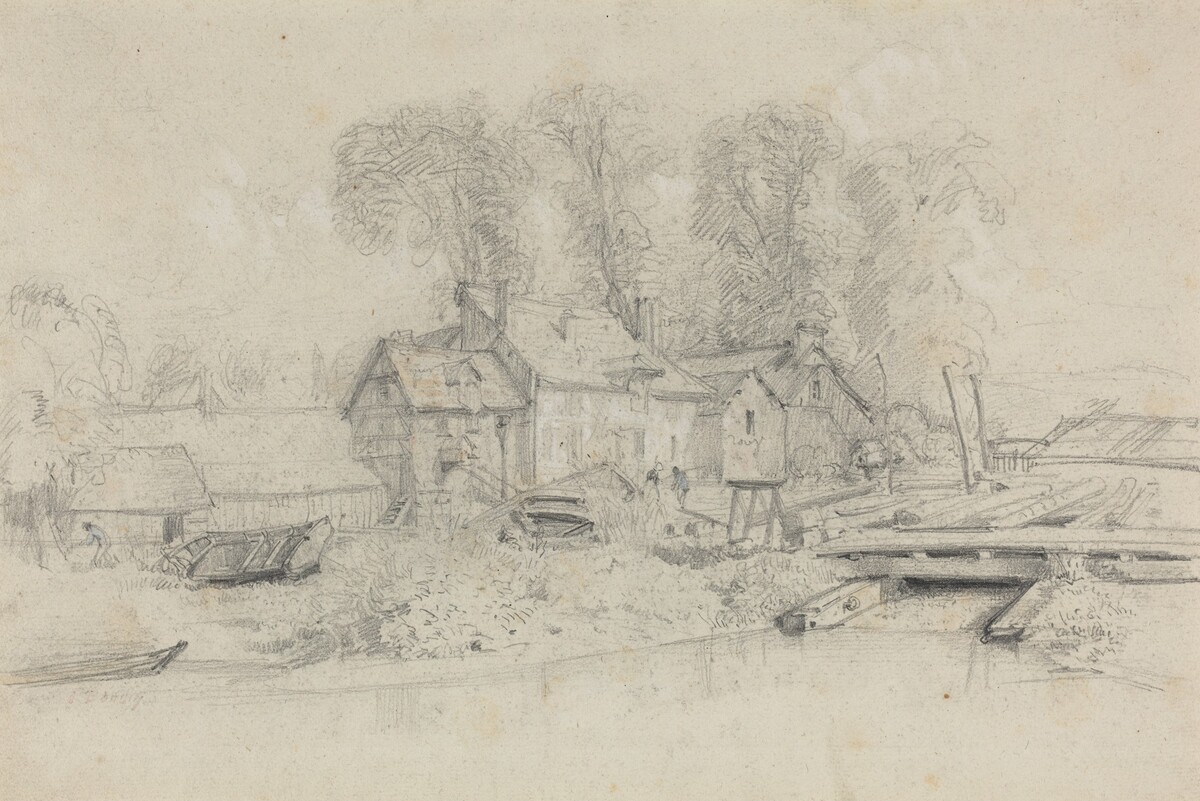 River Landscape with Buildings, Boats, and Figures by Eugène Boudin