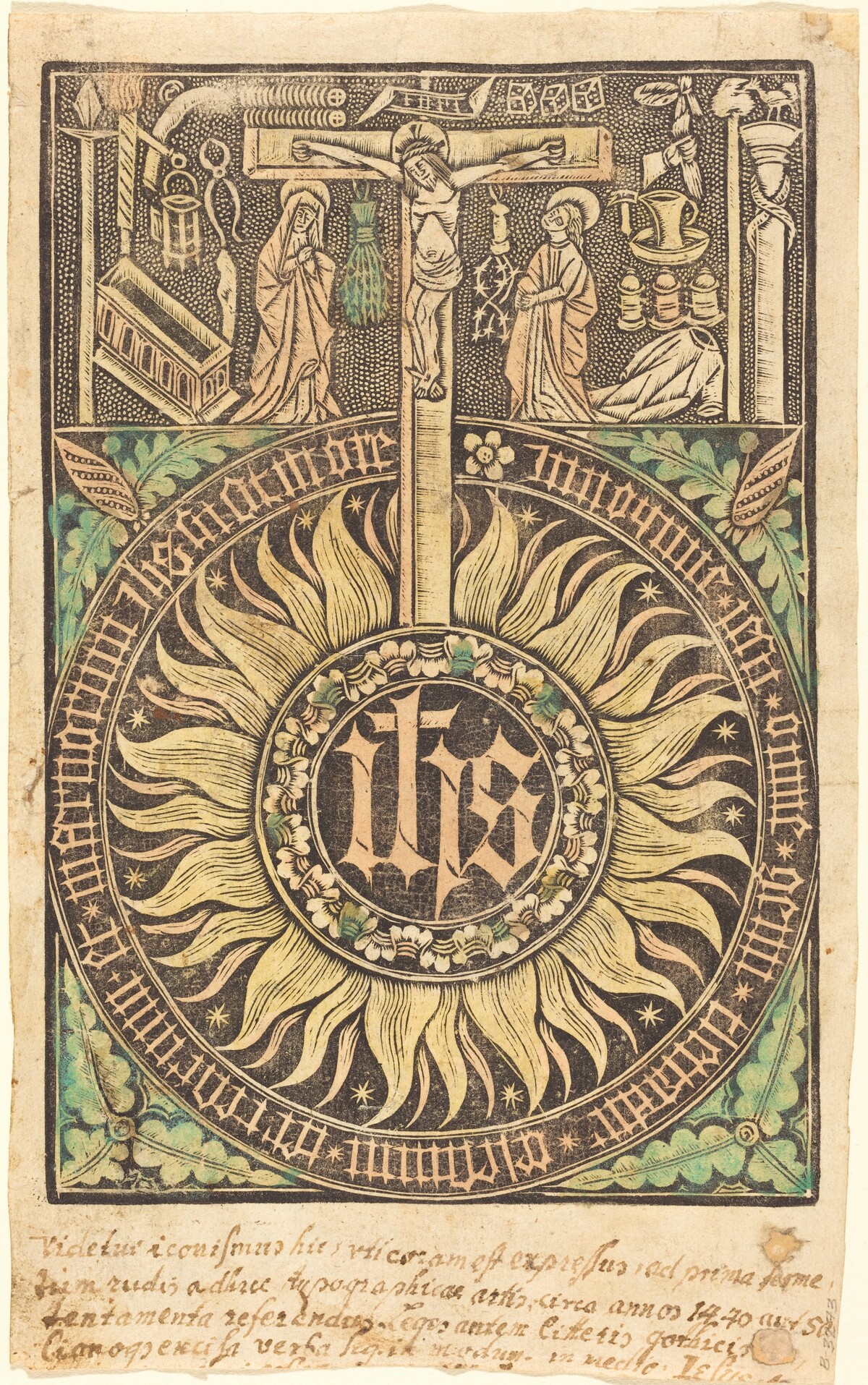 The Sacred Monograph with the Crucifixion  and Passion Symbols [recto] by German 15th Century