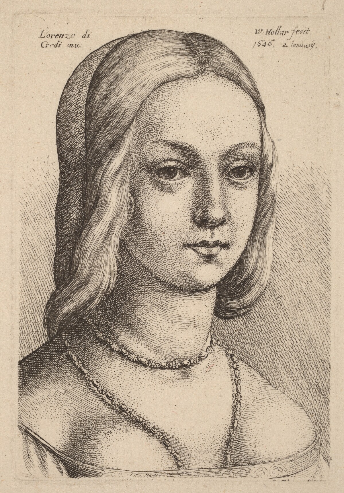 Head of Woman Looking Right by Wenceslaus Hollar after Lorenzo di Credi