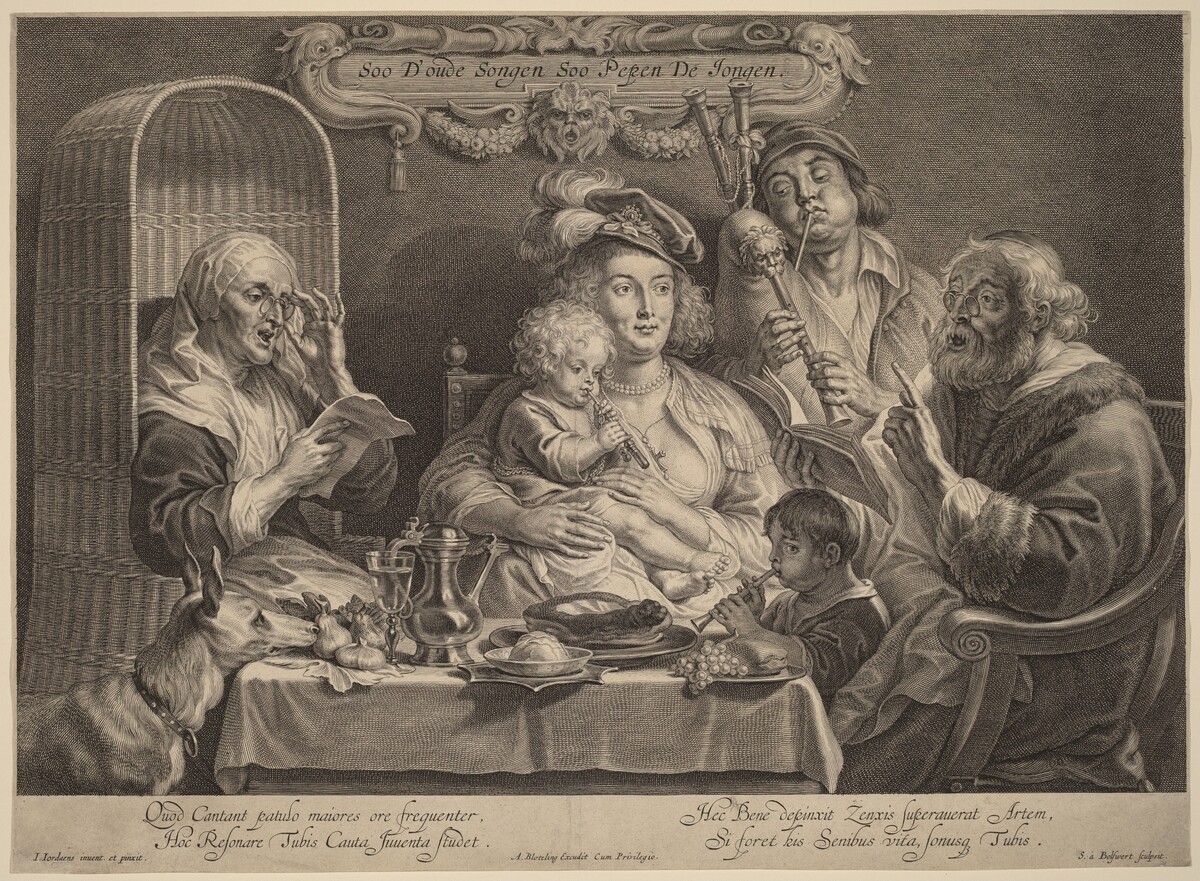 Soo D'oude Songen Soo Pepen De Jongen (As the old sing, so the young twitter) by Schelte Adams Bolswert after Jacob Jordaens