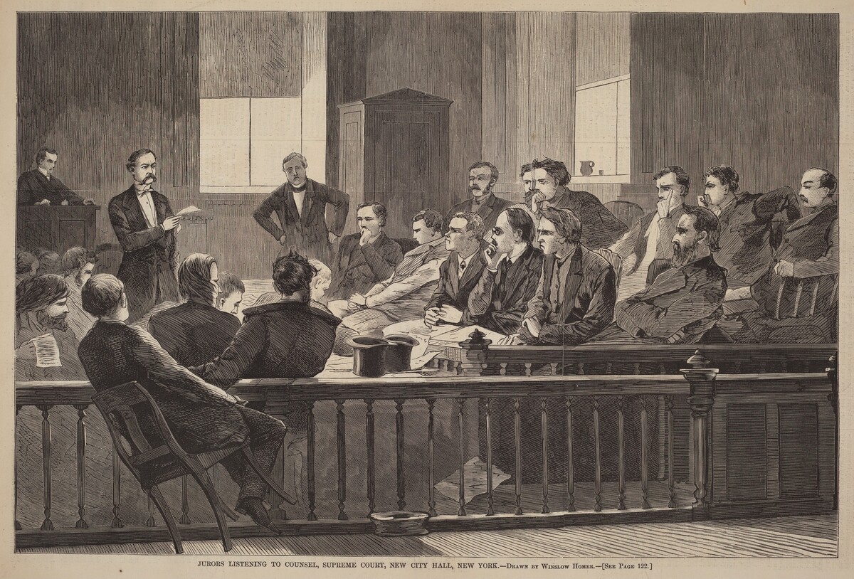 Jurors Listening to Counsel, Supreme Court, New City Hall, New York by after Winslow Homer