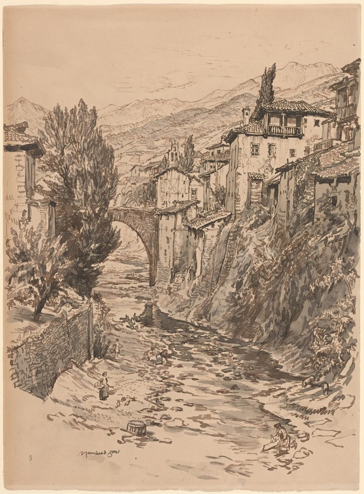 River in Potes by Sir Muirhead Bone