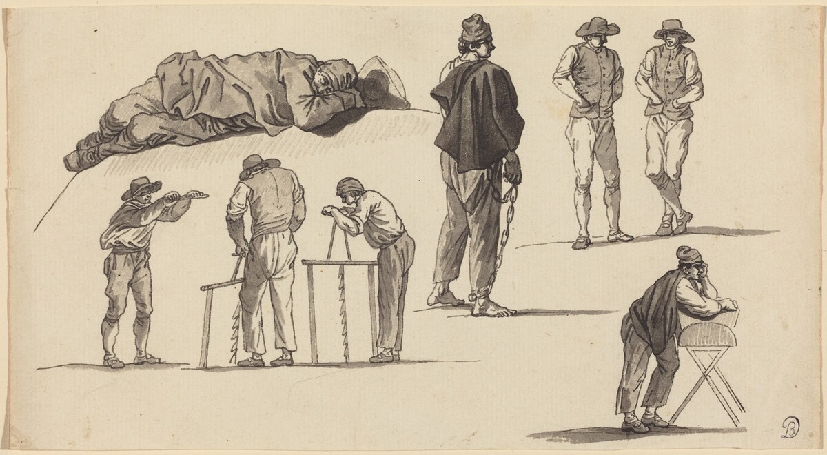 Figure Studies, Including One Man Sleeping on the Ground and Two Men Sawing by Claude-Joseph Vernet