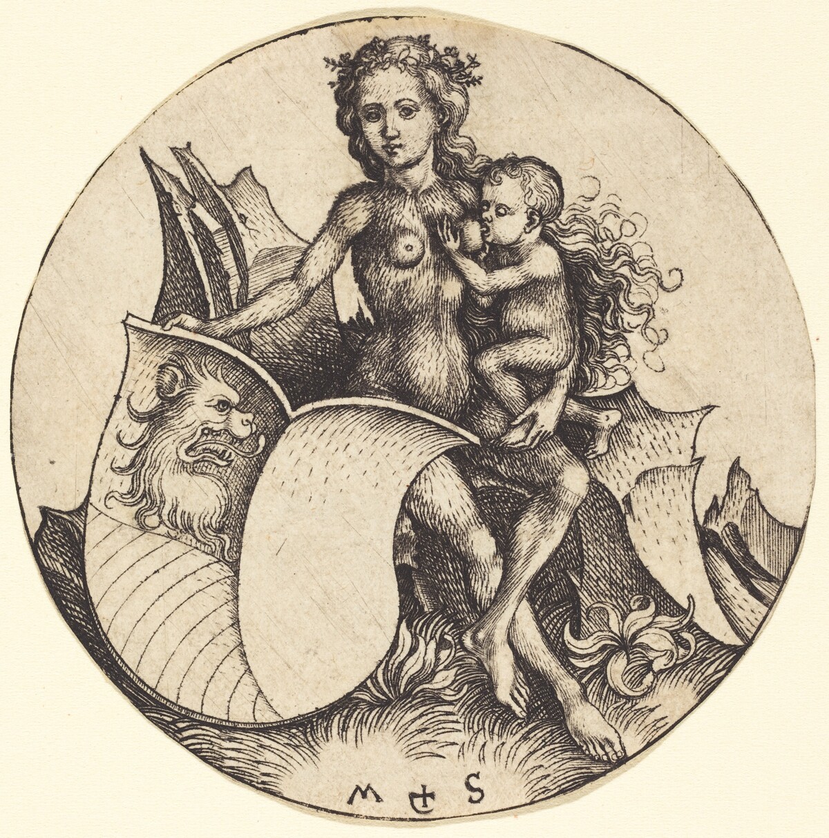 Shield with Lion's Head, Held by Wild Woman by Martin Schongauer