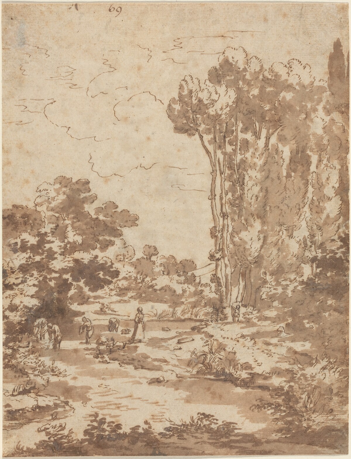 Figures Bathing in a Stream by Attributed to Nicolas Poussin