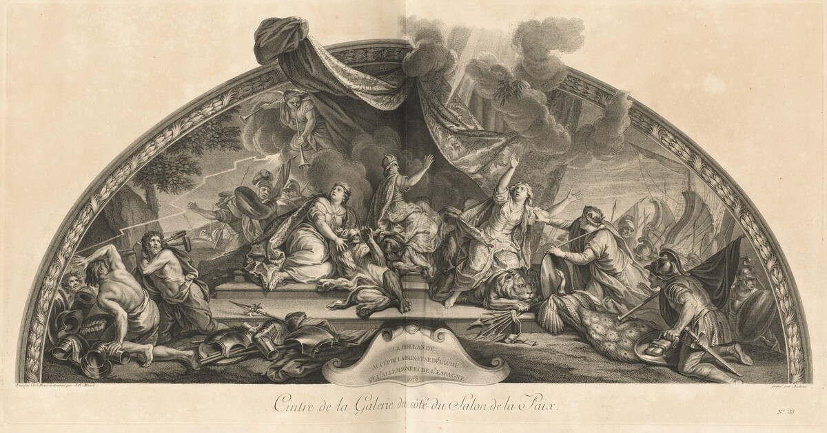 La Hollande accepte la paix et se détache de l'Allemagne et de l'Espagne 1678 Cintre de la Galerie du côté du Salon de la Paix (Holland Accepts Peace and Detaches Itself from Germany and Spain 1678, Center of the Gallery next to the Salon of Peace) [pl. 33] by Jean-Baptiste Massé (designer) and Benoît Audran II (engraver) after Charles Le Brun