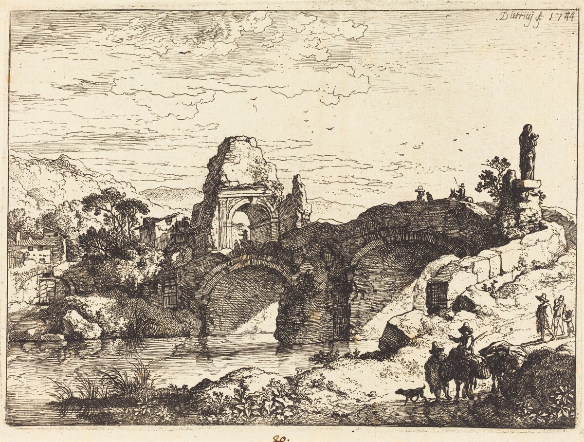 Landscape with a Bridge and Ruined Tower by Christian Wilhelm Ernst Dietrich