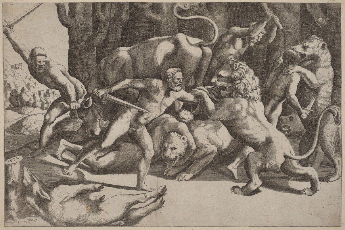 Five Men Fighting Beasts by Master of the Die after Giulio Romano