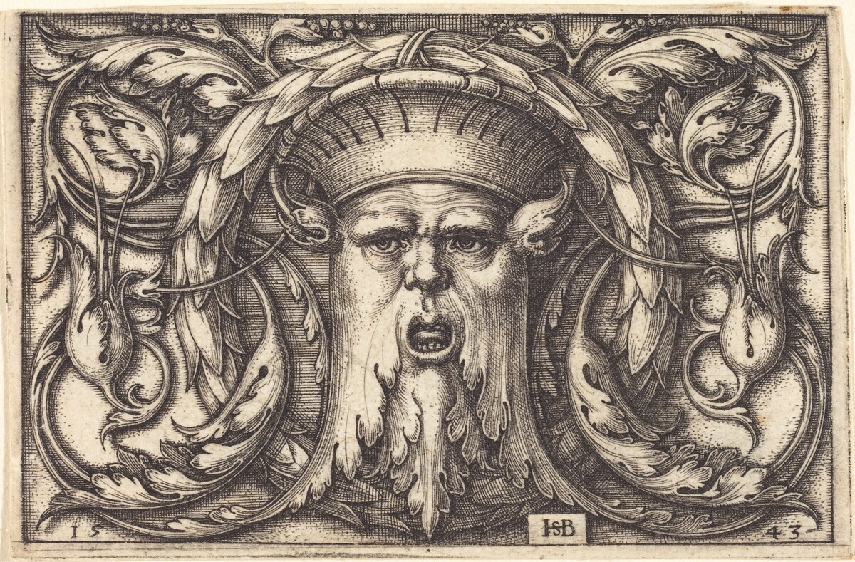 Ornament Panel with a Large Bearded Mask by Sebald Beham