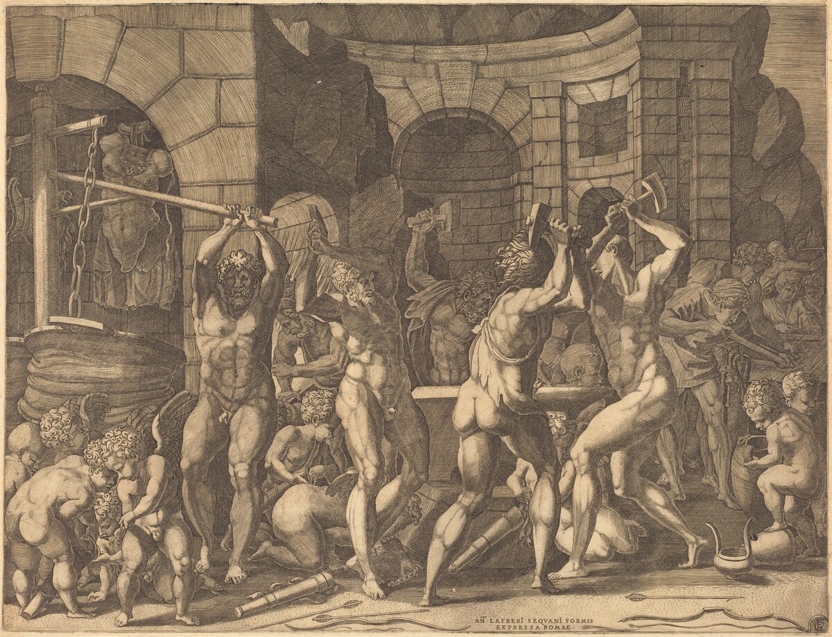 Vulcan and the Cyclopes Forging Arrows by Master FG, after Francesco Primaticcio