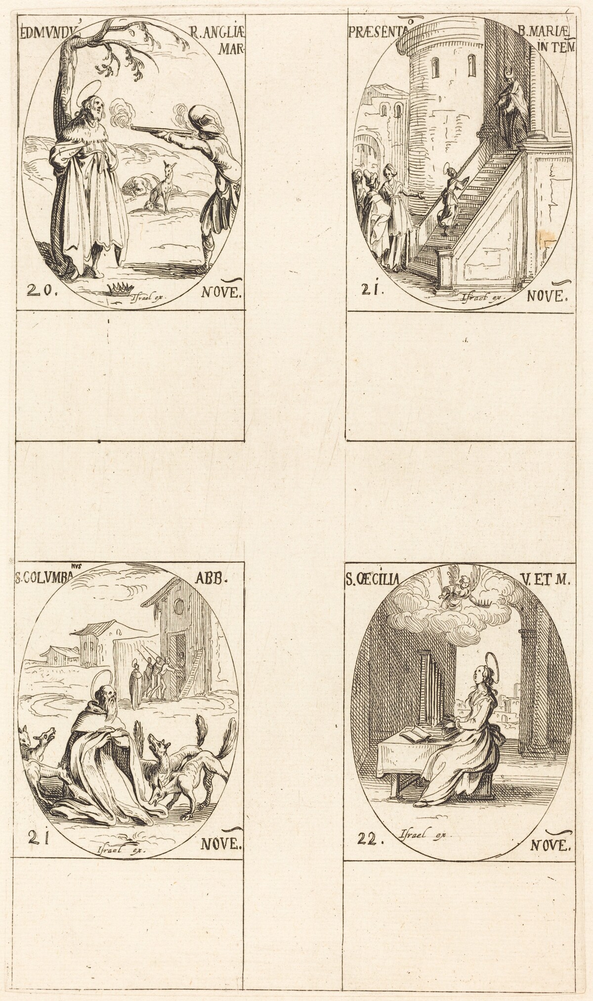 Edmund, King of England, Martyr; Presentation of the Virgin; St. Columban; St. Cecelia by Jacques Callot