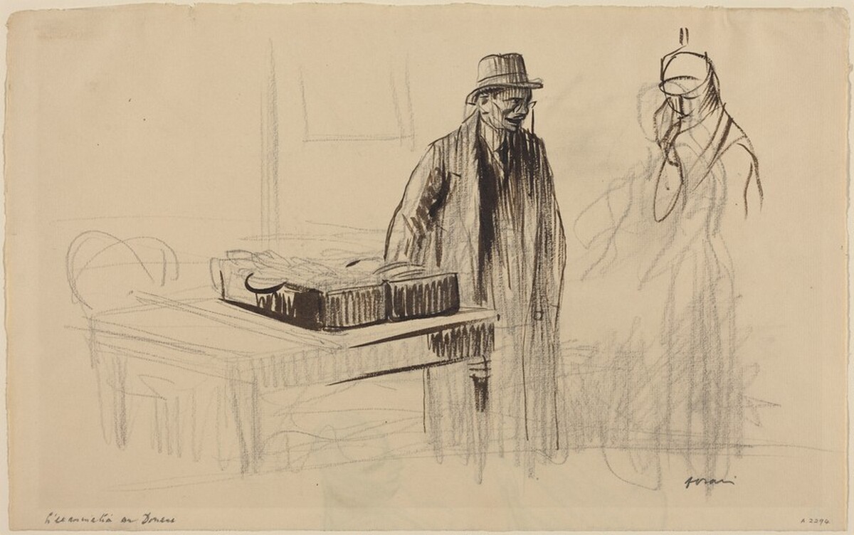 a) L'examination en Douane (Customs Inspection) (recto); b) Seated Figure (verso) by Jean-Louis Forain