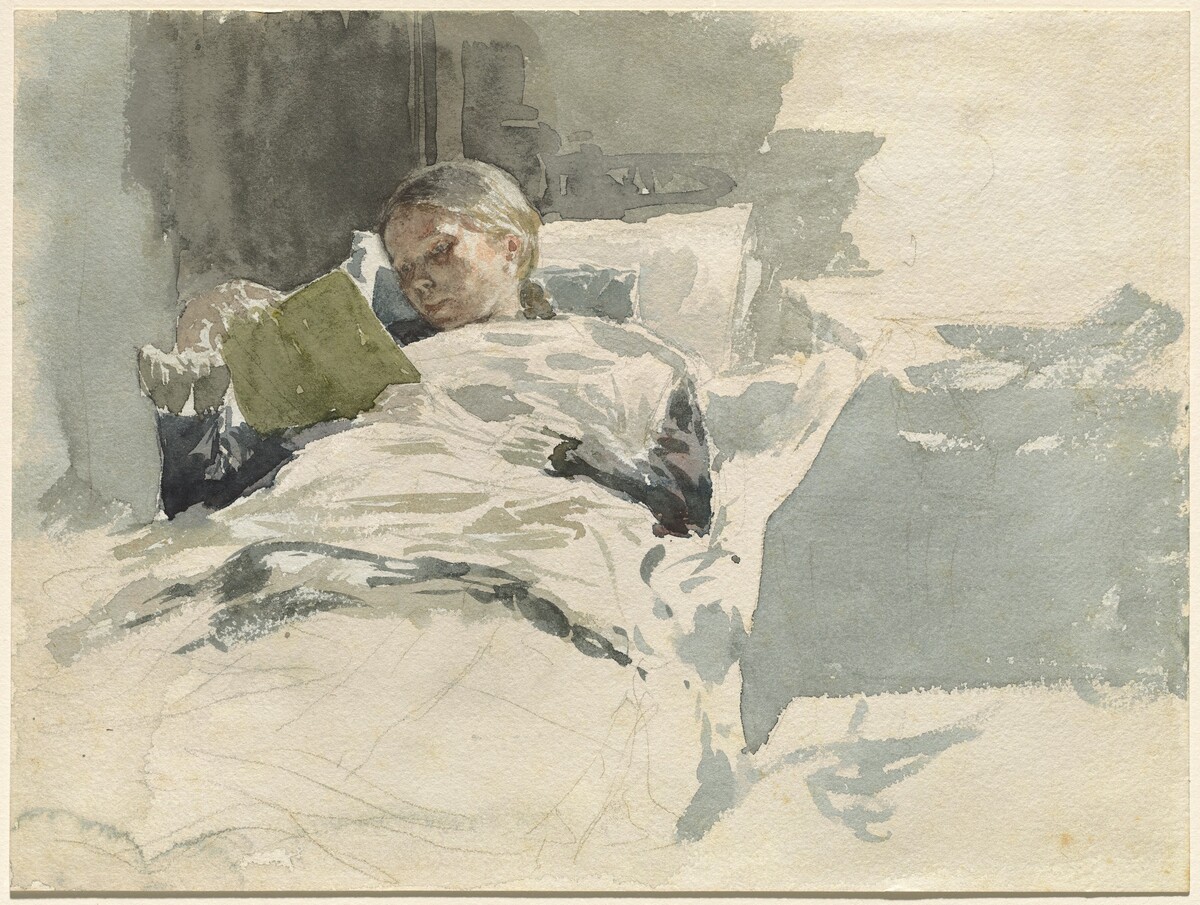 The Artist's Wife Reading in Bed by Leopold von Kalckreuth