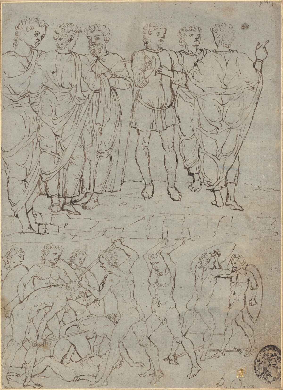 Six Conversing Men and Ten Battling Nudes by Studio of Francesco Squarcione
