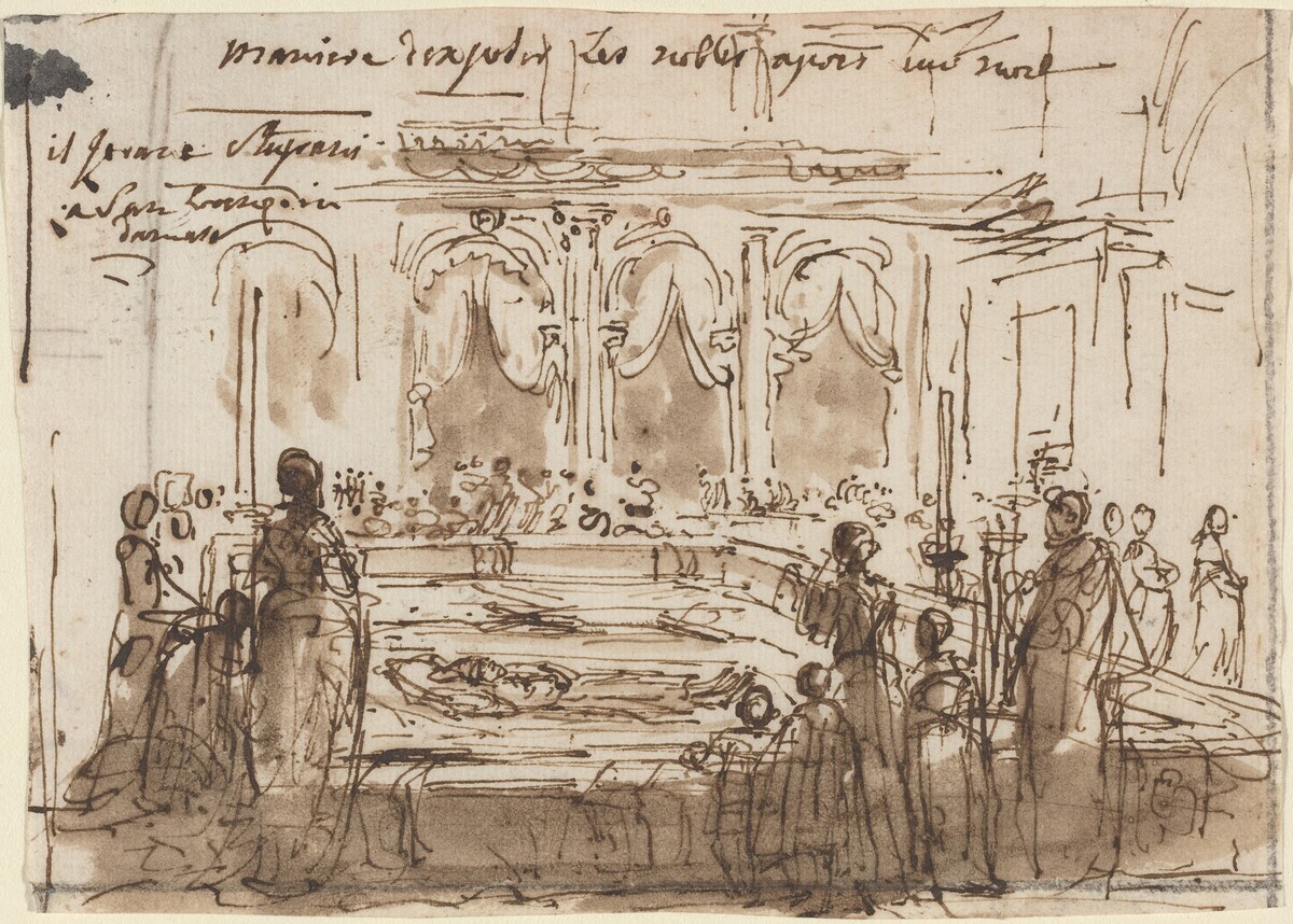 Maniere d'exposer les nobles apres leur mort by Gabriel Jacques de Saint-Aubin