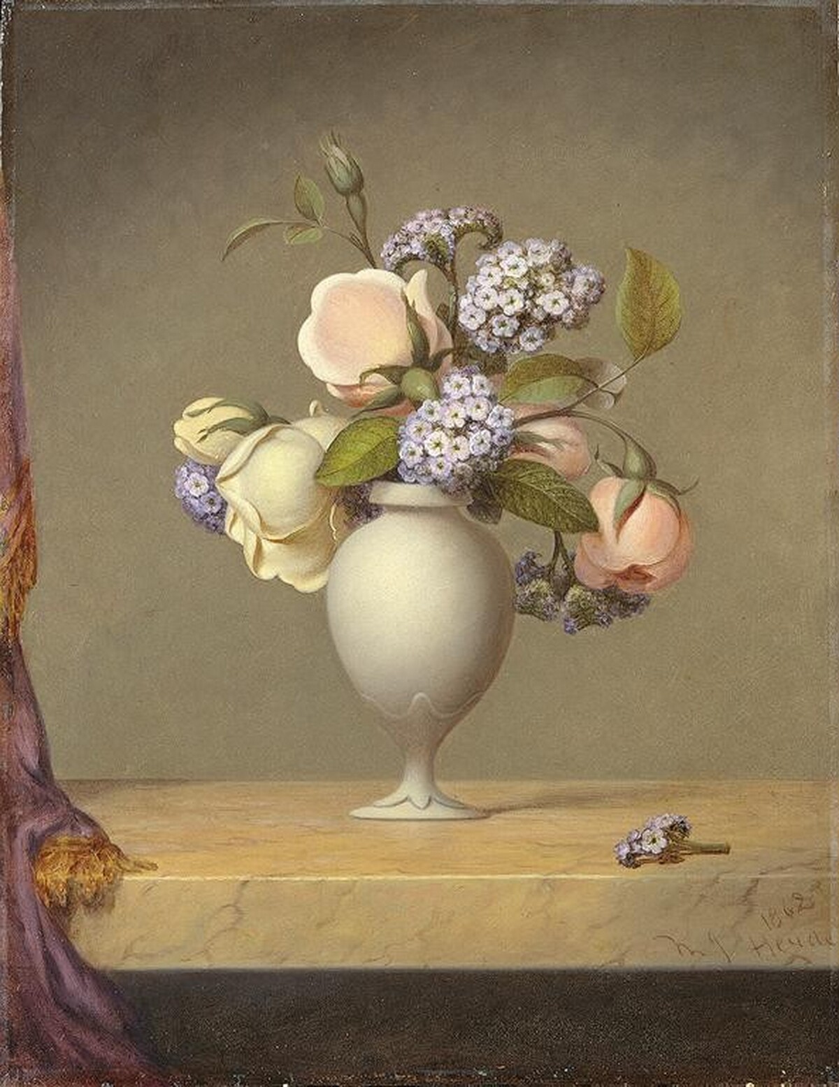 Roses and Heliotrope in a Vase on a Marble Tabletop by Martin Johnson Heade