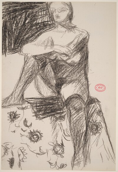 Untitled [female nude in stockings on a patterned support]