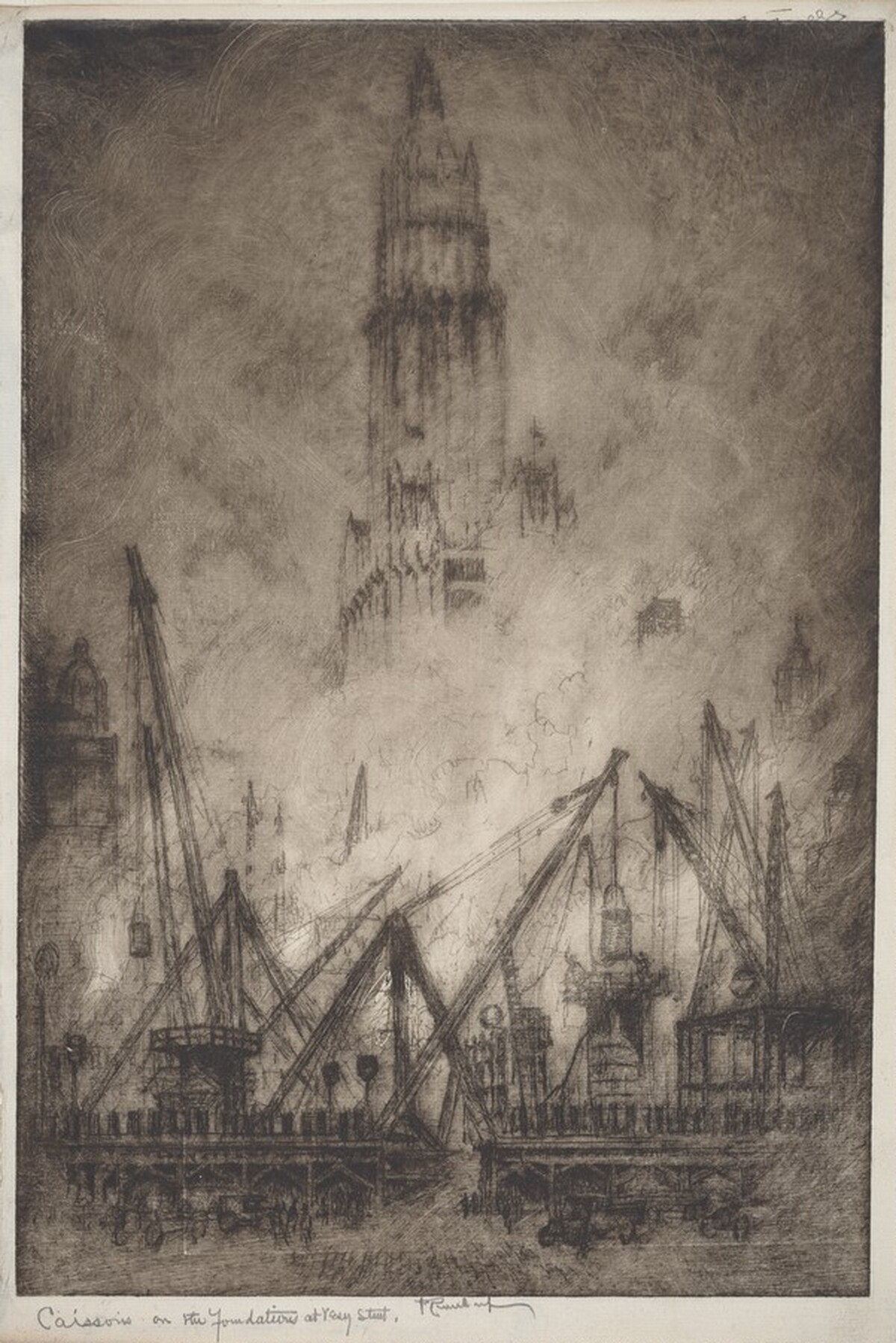 Caissons on Vesey Street by Joseph Pennell